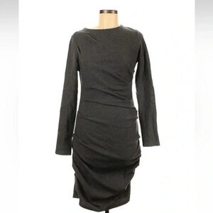 Obakki Grey Stretched Draped Fitted Bodycon Dress Long Sleeve Size 6 100% Wool